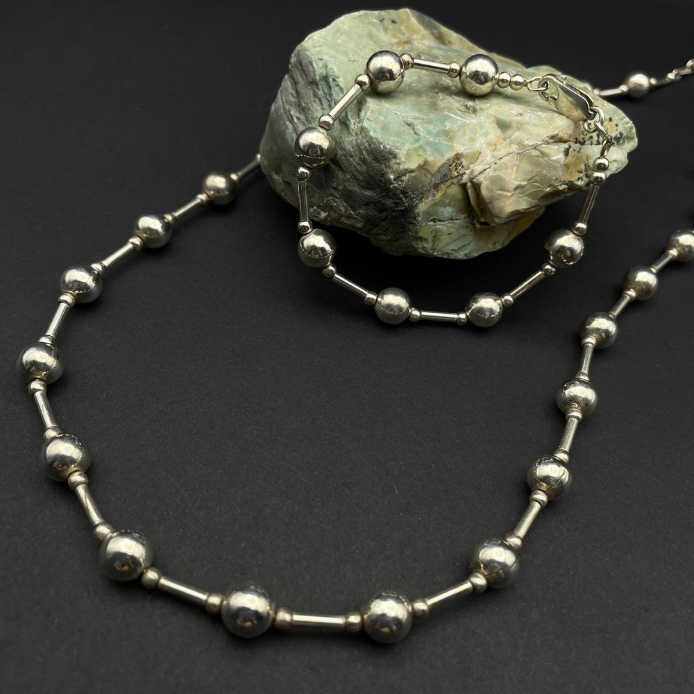 Vintage Sterling Silver Ball Bead Necklace‎ Bracelet Set Silver Jewelry Set